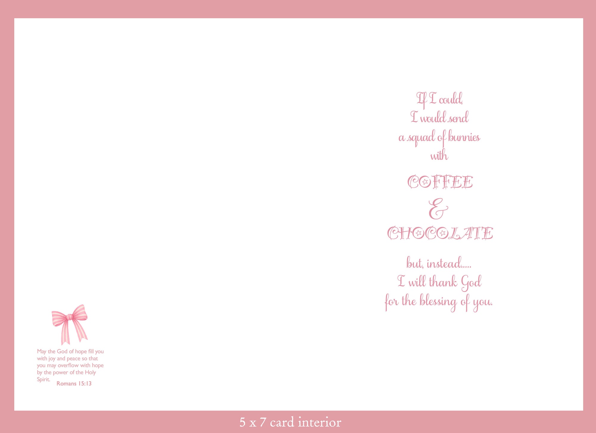 Card interior with encouraging text and a Scriptural blessing and a pink bow on a white background
