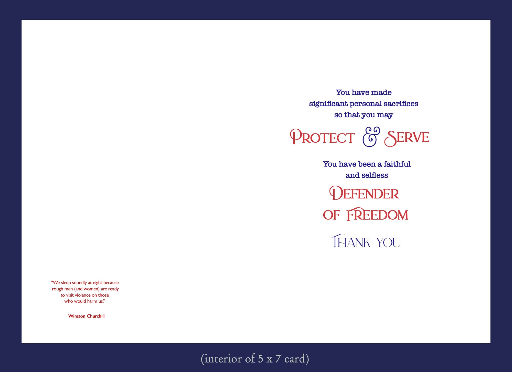 Greeting card with text 'Protect & Serve' and 'Defender of Freedom' on a white background.