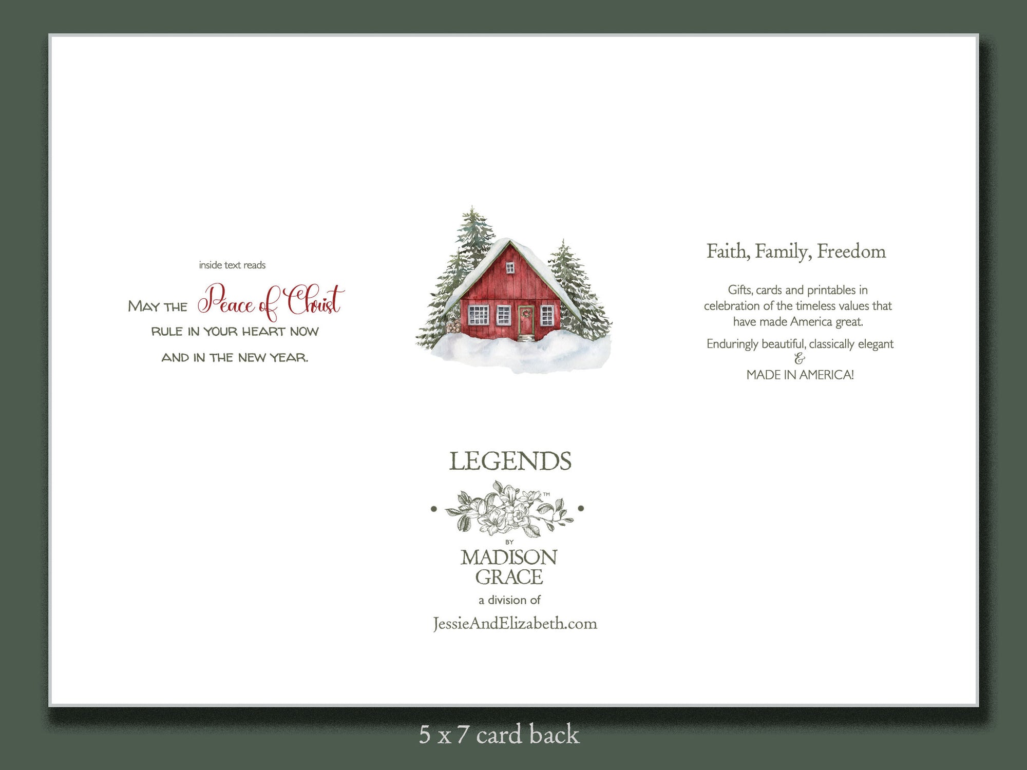 Card back with Christmas design featuring a red cabin and tree, and branding information.
