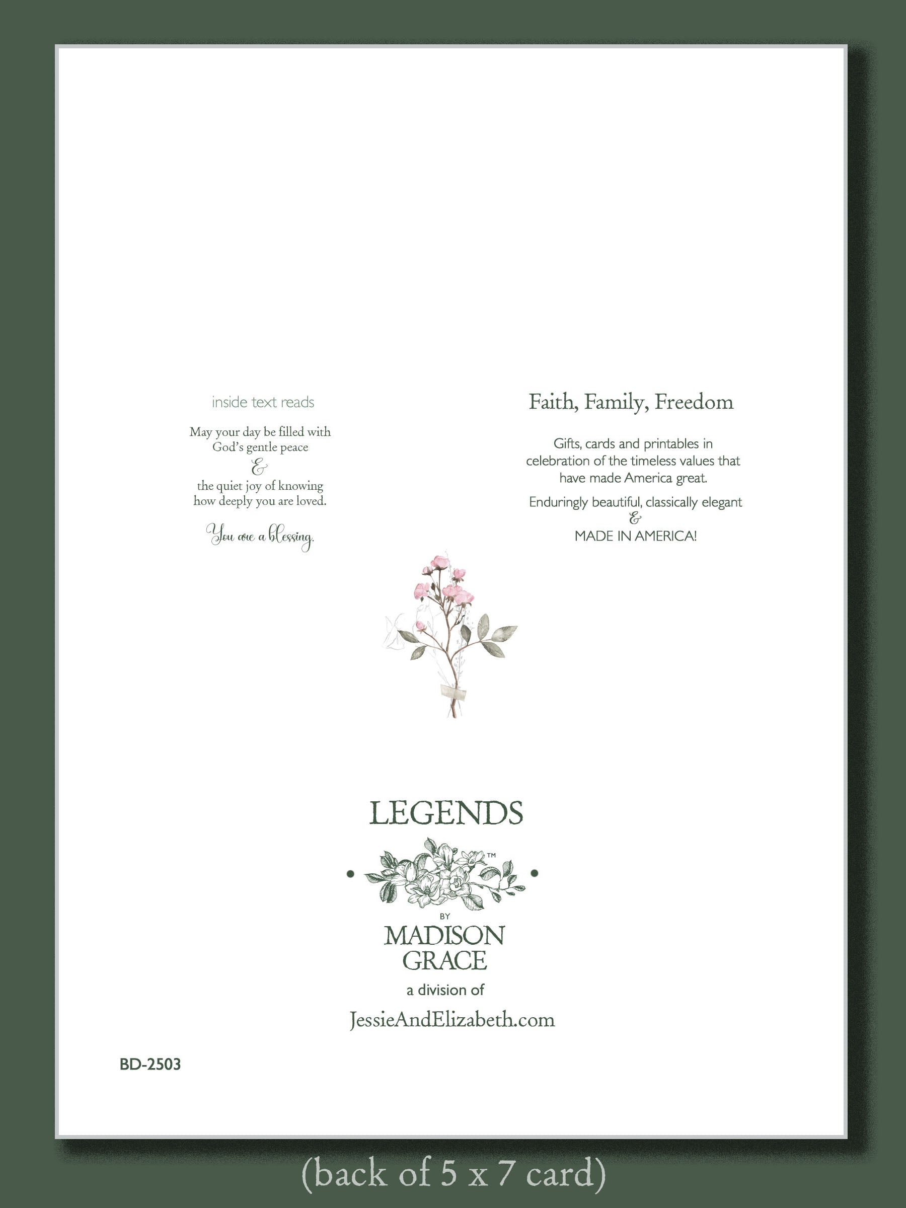 Back of a 5 x 7 card with text and floral design, featuring the brand 'Legends by Madison Grace'.